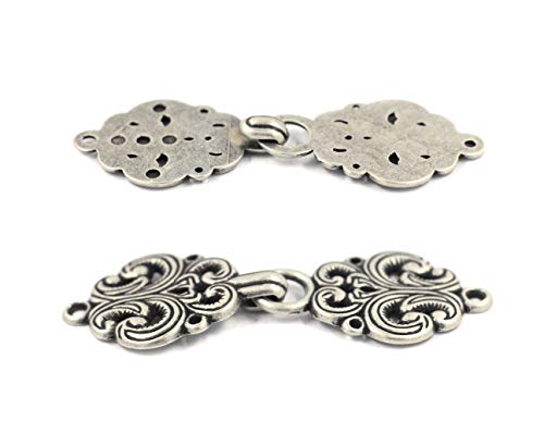 bezelry 6 Pairs Rococo Swirl Flower Cape or Cloak Clasp Fasteners. Sew On Hooks and Eyes Cardigan Clip. 65mm Fastened. - color: Antique Silver