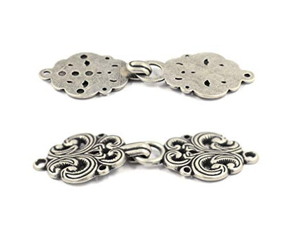 bezelry 6 Pairs Rococo Swirl Flower Cape or Cloak Clasp Fasteners. Sew On Hooks and Eyes Cardigan Clip. 65mm Fastened. - color: Antique Silver