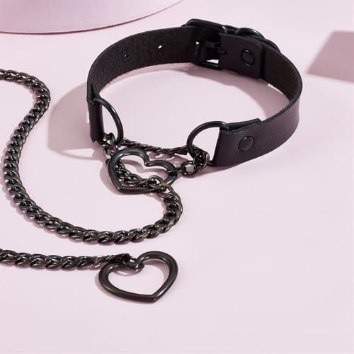 Leather Choker Slip Chain Necklace Stainless Steel Cuban Link Long Necklaces Gothic Punk Heart Chain Necklace Handmade Collars for Women - color: Black+Black