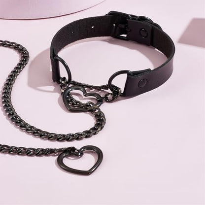 Leather Choker Slip Chain Necklace Stainless Steel Cuban Link Long Necklaces Gothic Punk Heart Chain Necklace Handmade Collars for Women - color: Black+Black