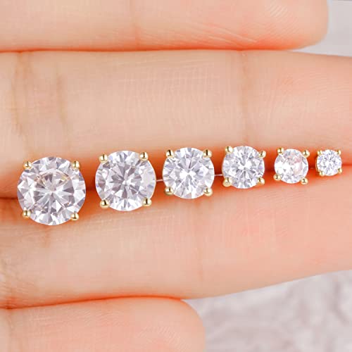 6 Pairs Cubic Zirconia Stud Earrings for Women/Men - Round Cut 4 Prong Settings 18K Gold Plated Hypoallergenic 3-8mm Clear Earrings Set - color: 3-8mm Gold - Round 4 Prong