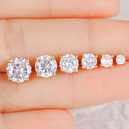6 Pairs Cubic Zirconia Stud Earrings for Women/Men - Round Cut 4 Prong Settings 18K Gold Plated Hypoallergenic 3-8mm Clear Earrings Set - color: 3-8mm Gold - Round 4 Prong