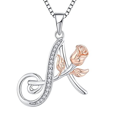 STARCHENIE Initial Necklace for Women Sterling Silver Letters 26 Alphabet Pendant Rose Flower Jewelry Gifts for Family Sisters Friend - color: A
