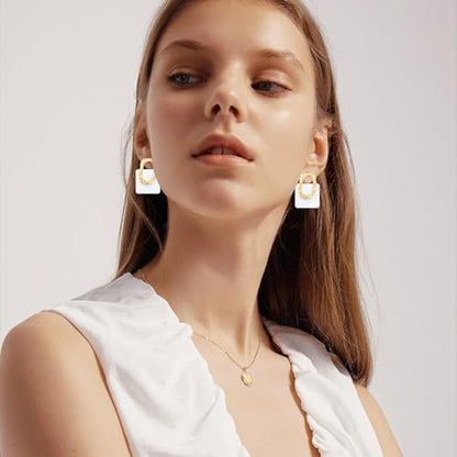 70s 80s Acrylic Hollow Round Geometric Dangle Drop Earrings Retro Square Oval Stud earrings For Women - style: White