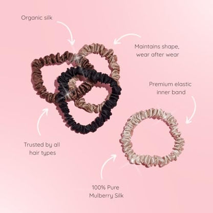 SILKIE x4 Set - Forget Satin - 100% Pure Mulberry Silk Black Brown Skinny Scrunchies Travel Pouch Everyday Hair Ties Elastics Hair Care Ponytail Holder No Damage (Chocolate) - color: Chocolate