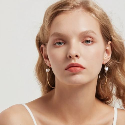 OwMell Large Hoop Earrings for Women 925 Sterling Silver Post 14K Gold Plated Big Hoops Earrings Trendy Pearl Cubic Zirconia Hoop Earrings - color: Clear Gold