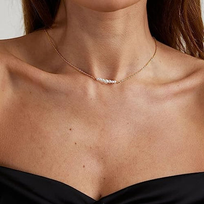 Kyerlyn Dainty Pearl Pendant Necklaces for Women 14K Gold Plated Handmade Layered Pearl Chain Necklace Delicate Layered Pearl Necklace Everyday Jewelry Gift - color: 7 Pearl-Gold