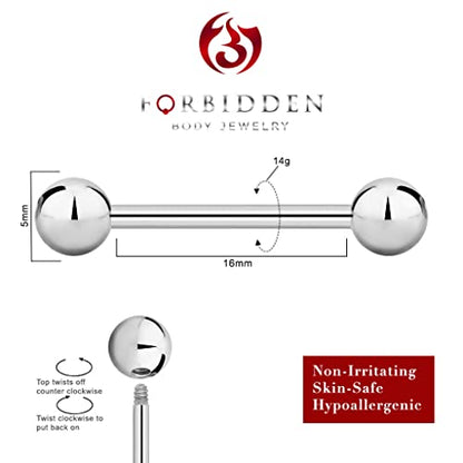 Forbidden Body Jewelry nipple barbell, nipple bars, silver nipplerings piercing Surgical Steel 8g - 18g Straight Barbell Body Jewelry (Sold Individually) - style: 14G 16mm (5/8") 5mm Balls