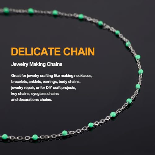 KYUNHOO 5 Meters Green Enamel Beaded Cable Chain Links for Jewelry Making | Silver Necklace Bulk Stainless Steel Jewelry Chains with Clasps Jewelry Supplies for Women DIY Crafts - color: silver-light green