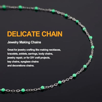 KYUNHOO 5 Meters Green Enamel Beaded Cable Chain Links for Jewelry Making | Silver Necklace Bulk Stainless Steel Jewelry Chains with Clasps Jewelry Supplies for Women DIY Crafts - color: silver-light green
