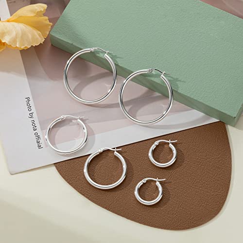 PABBEU 925 Sterling Silver Small Hoop Earrings Set for Women Hypoallergenic | 3Pairs Cubic Zirconia Small Huggie Hoop Earrings Set 13/15/20mm,Nickel-Free Lightweight Comfortable Sleeper Earrings Gift Set - color: T 20/30/40mm Silver