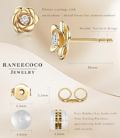 Gold Plated Sterling Silver Rose Flower Earring Studs, Hypoallergenic & Nickel Free Earrings for Women - color: Yellow Gold Plated Silver, size: 9.0 Millimeters