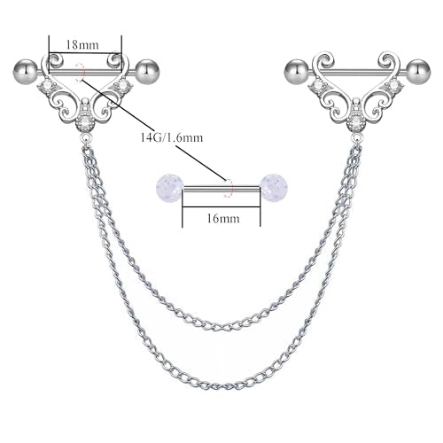 VERAMI 14G 316L Double Chain Connecting Heart CZ Nipple Rings Stainless Steel Skull Angel Piercing Barbell Body Pierced Jewelry for Women - color: Silver-A