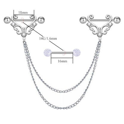 VERAMI 14G 316L Double Chain Connecting Heart CZ Nipple Rings Stainless Steel Skull Angel Piercing Barbell Body Pierced Jewelry for Women - color: Silver-A