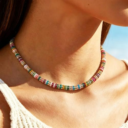 HAXIYA Colorful Beades Gemstone Necklace for Women Boho Beaded Choker | Rainbow Natural Stone Chunky Bead Surfer Summer Beach Necklaces Jewelry Hypoallergenic - color: Raibow+Gold