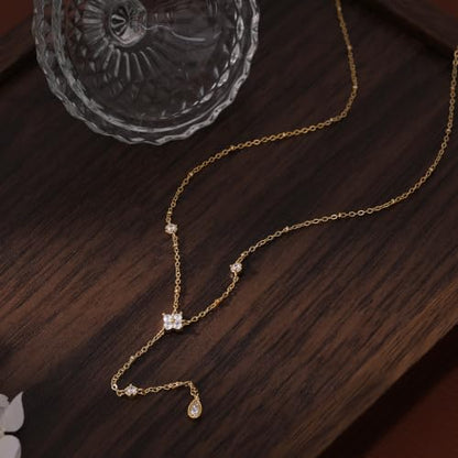Long Necklaces for Women, Cute 14K Gold Plated CZ Drop Necklace | Dainty Gold Necklace, Simple CZ Teardrop Clover Y Shaped Lariat Necklace,Statement Non Tarnish Necklace, Trendy Gold Jewelry - color: Gold-Drop 2