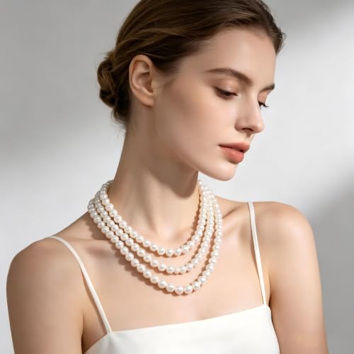 Faux Pearl Necklace for Women Multi Strand Pearl Necklaces Layered Long Pearls Beaded Necklace Wedding Party Costume Jewelry - color: 01Pearl