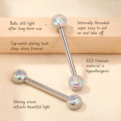 AROWRO Nipple Piercing Jewelry Nipple Rings Titanium Nipple Rings Implant Grade Hypoallergenic 14G Internally Threaded Straight Barbells with Cubic Zirconia Opal Gold Silver Rose Gold Black 12mm 14mm 16mm 18mm 20mm - color: Silver+Clear ABCZ