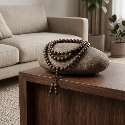Handmade Mala Beads Bracelet 108 8mm Prayer Meditation Bracelet Sandalwood Elastic, Buddhist Beads, Prayer Mala Necklace for Men and Women Gifts - color: Golden-threaded Sandalwood