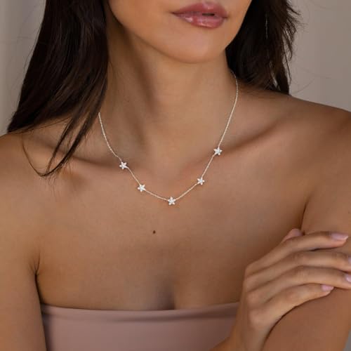 VRIUA Necklaces for Women - 14K Gold/Silver Plated Dainty Chain Necklace with Five Charms: Diamond, Bow, Snowflake, Cross, Flower, Clover, Butterfly, Heart, Star of David, and Star Trendy Jewelry - color: Silver, style: Star-1