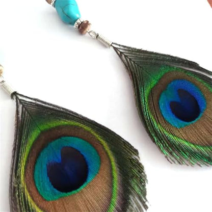 Peacock Feather Earrings for Women Native Handmade Lightweight Long Peacock Feather Boho Hook Earring Prom Party Festival Jewelry - color: Turquoise