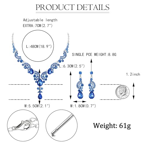 EVER FAITH Rhinestone Crystal Bridal Floral Wave Teardrop Necklace Earrings Set - color: 2pcs_Light Blue
