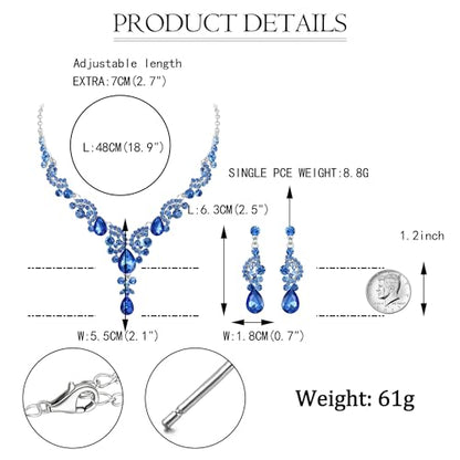 EVER FAITH Rhinestone Crystal Bridal Floral Wave Teardrop Necklace Earrings Set - color: 2pcs_Light Blue