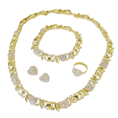 Women's Gold wedding Jewelry Set Tricolor Hugs Kisses Heart necklace set - color: heart Gold 75