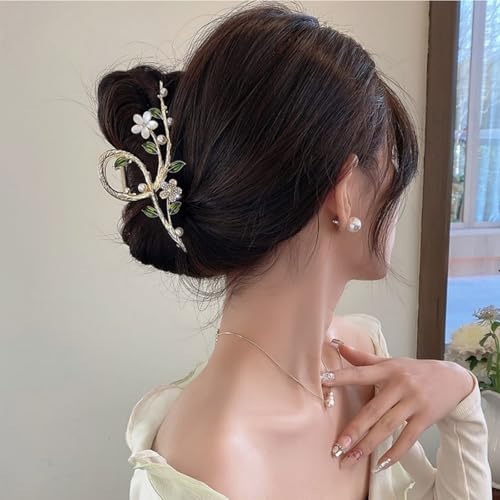 Floral Hair Claw Clip with Faux Pearl & Crystal, Green Leaf Cat Eye Flower Hair Grab Clip, Elegant Hair Accessory for Women Bun Updo Styling