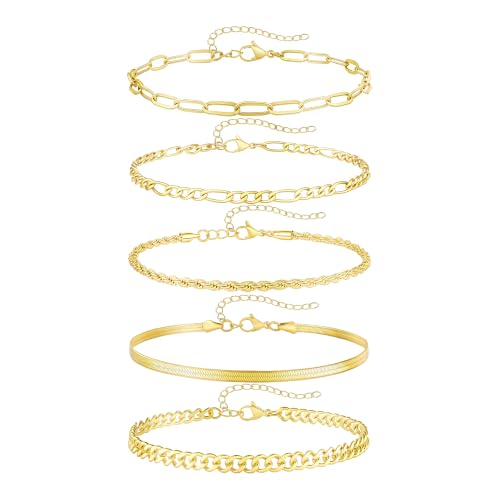 Fesciory 14K Gold Ankle Bracelets for Women, Layered Stackable Anklet Set | 6 Pcs Anklet Set, Layered Ankle Bracelet, Cuban Link Design, Stackable Plus Size, Adjustable Fit, Summer Beach Jewelry - color: Set2-Gold 5Pcs