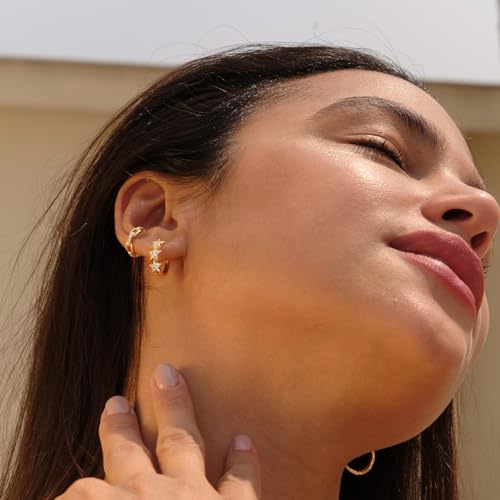 Cubic Zirconia Huggie Earrings 14k Gold Plated Tiny Earrings Small Huggie Hoop Earrings Simple Lightweight Hoops Gift for Women - color: CZ Star Hoop