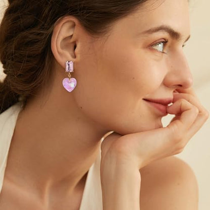 Crystal Heart Teardrop Dangle Earrings for Women Hypoallergenic Multicolor Cubic Zirconia Drop Earrings for Wedding Prom Party Daily Wear - color: Heartpink