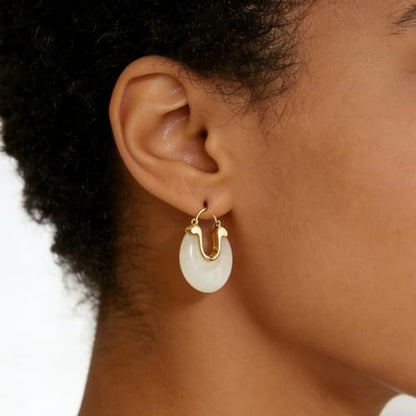 Cream White Chunky Lazy-Chic Hoop Earrings - Gold-Accented Resin Statement Hoops for Women, Trendy Daily & Vacation Jewelry