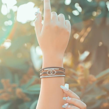 Chunky Boho Leather Wrap Bracelets Cowgirl Beaded Circle Western Jewelry | Stackable Infinity Layered Bohemian Magnetic Clasp Cuff Statement Fashion Colorful Country Hippie Outfits for Women Trendy - color: Black