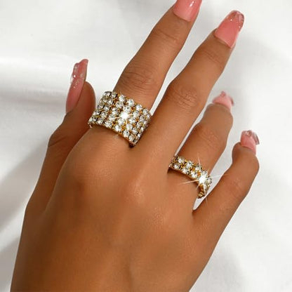 Fashion Silver Bling Rhinestone Crystal Stretch Rings Set for Women | Sparkly Rhinestone Elastic Finger Nail Ring Glitter Stretchy Stack Statement Knuckle Rings Cocktail Jewelry Accessories Pack - color: Gold