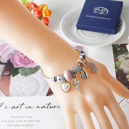 DS Charm Bracelets for girls,exquisite cute cartoon friendship bracelets Silver Stainless Steel Bangle with birthday Gift box, Adjustable girls jewelry Suitable for holiday gifts - style: Silver-Pink Shell Angel