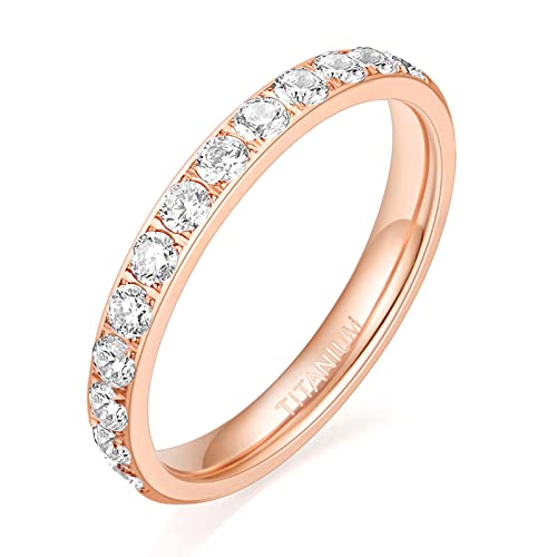 TIGRADE 3mm Women Titanium Engagement Ring Half Cubic Zirconia Eternity Wedding Band Size 3-13 - color: Rose Gold