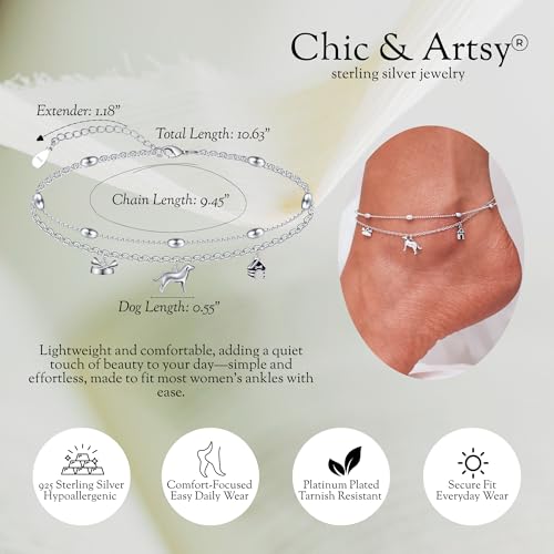 CHIC & ARTSY 925 Sterling Silver Ankle Bracelets for Women, Adjustable Layered Foot Chains with Nature & Symbol Charms, Lightweight Comfort Fit Boho Beach Everyday Jewelry - color: # Dogs Anklet