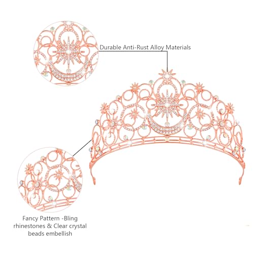 Crystal Crowns for Women, Crystal Bubble TiaraBride Royal Queen Headband Princess Headpieces for Women Bridal Wedding Prom Birthday Party Crowns - color: Rose Gold Star & Moon Crown