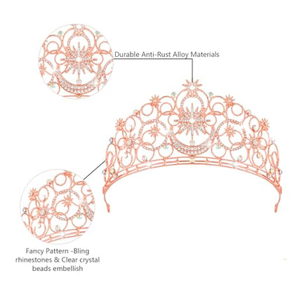 Crystal Crowns for Women, Crystal Bubble TiaraBride Royal Queen Headband Princess Headpieces for Women Bridal Wedding Prom Birthday Party Crowns - color: Rose Gold Star & Moon Crown