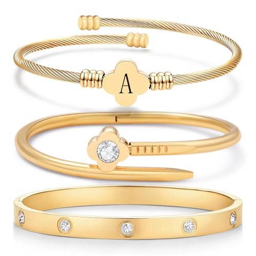 14K Gold Plated Personalized Flower Bracelet Set with Initial Charm Trendy Stackable Jewelry for Women - style: style1 A