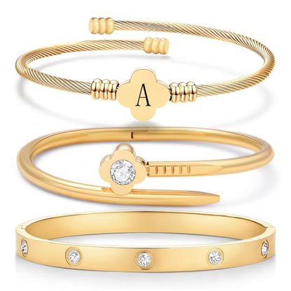 14K Gold Plated Personalized Flower Bracelet Set with Initial Charm Trendy Stackable Jewelry for Women - style: style1 A