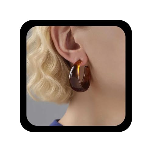 Punk Turquoise Hoop Earring Chunky Acrylic Hoop Earrings Blue Turquoise Circle Earring Acrylic Resin Hoops Earrings Wide C Shape Western Statement Jewelry for Women - color: Brown