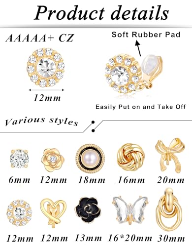 Tornito 10-15 Pairs Clip on Stud Earrings Non Pierced Teardrop Round Square CZ Pearl Twist Knot Flower Butterfly Heart Star Rainbow Cat Opal Clip on Earrings for Women - color: K:10 Pairs Gold Tone