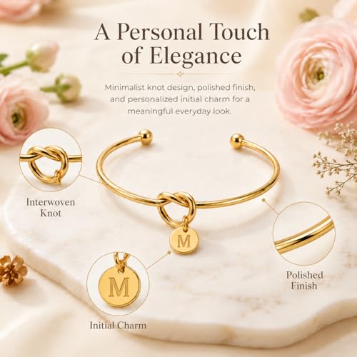 LemonRose Initial Bracelets for Women - Dainty Tie the Knot Letter A-Z 14K Gold Plated for Women Gold Cuff Bracelet for Womens Jewelry Personalized Bridesmaid Proposal Gifts - color: Gold M
