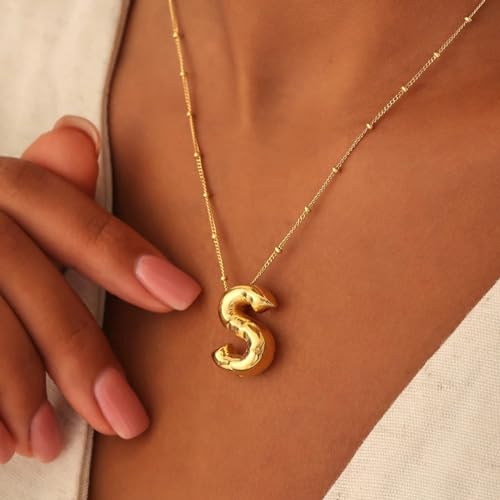 Gold Bubble Initial Necklace for Women Balloon Letter Necklace 18K Gold Plated Dainty Alphabet Pendant Puffy Name Personal Necklace - color: J