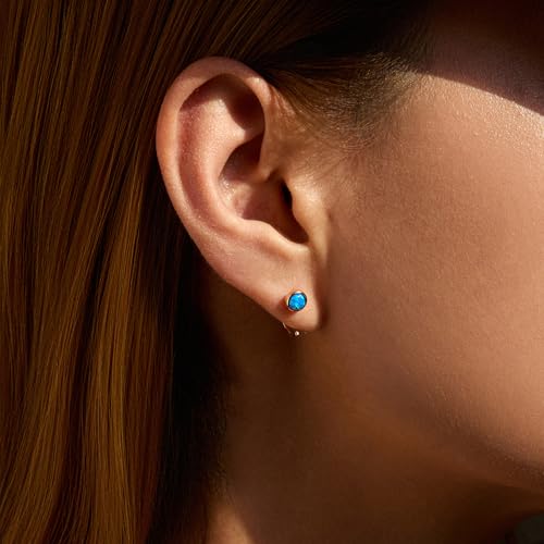CHIC & ARTSY 925 Sterling Silver Half Hoop Earrings for Women, Dainty Huggie Hoops with Synthetic Opal, Moonstone, CZ & Gemstones, Lightweight Comfort Fit Everyday Elegant Jewelry - color: Synthetic Blue Opal/Rose Gold Plated Silver