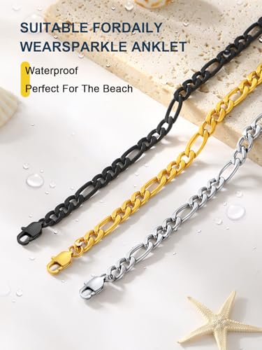 ChainsPro Resizable Anklet Chain for Women Men, Figaro/Wheat/Twist Rope/Cuban Foot Bracelet-Strong with Good Clasp-18K Gold Plated(Send Gift Box) - color: 03:figaro-5mm-gold plated