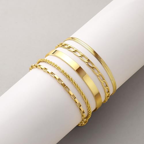 Dainty Gold Bracelet for Women Trendy Non Tarnish, Thin Bracelets Stackable Set with Bangle Cuff, Box, Herringbone, Paperclip, Figaro, Sparkling Link Chains Waterproof, Simple Jewelry Gifts for Women - color: style 03-gold