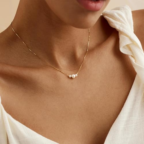 Plenky Pearl Necklaces for Women-14k Gold Plated Layered-Single Pearl Necklace Simple Pearl Choker Necklaces for Women Trendy Cute Gold Necklace Jewelry for Women Gifts - style: 3 Pearls Necklace